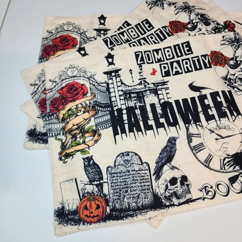 Halloween Theme Place Mats 4 Pack Roses Crows Skulls Spooky Zombie Party 18x12